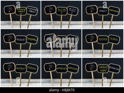 Photo Collage di concetto messaggi scritti con il gesso su legno mini blackboard etichette e lampadina della luce come simbolo per idea Foto Stock