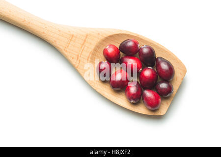 I Gustosi mirtilli americani in cucchiaio di legno isolato su sfondo bianco. Foto Stock