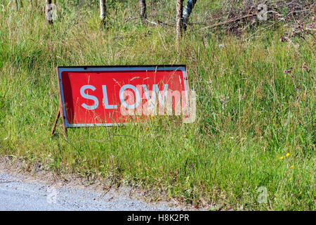 Rosso su strada cartello segnaletico consigliando la velocità lenta Foto Stock