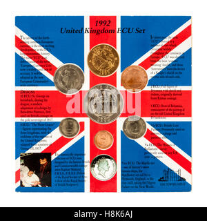 Set di 1992 Regno Unito ECU mock-up le monete emesse dalla zecca di torre in testa fino all' introduzione dell' euro. Foto Stock