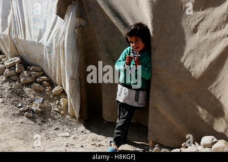 A Kabul, Afghanistan. Xiii Nov, 2016. Un sfollati afghani bambino sorge fuori la sua tenda a Kabul, capitale dell'Afghanistan, nov. 13, 2016. Credito: Rahmat Alizadah/Xinhua/Alamy Live News Foto Stock