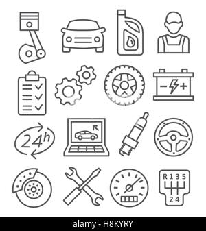 Grigio Auto Service le icone della linea su bianco Illustrazione Vettoriale