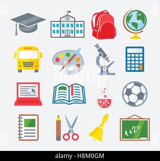 Scuola e istruzione icone colorate su sfondo grigio Illustrazione Vettoriale