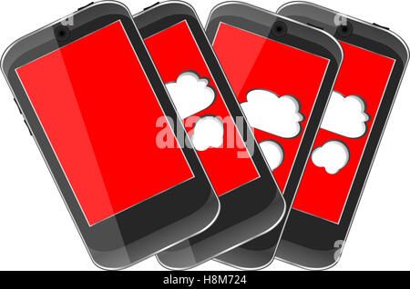 Smart phone set con il cloud computing simbolo su una schermata Foto Stock