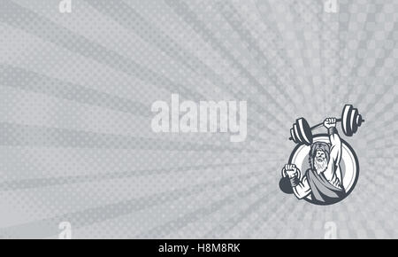 Business card mostra illustrazione di un berserker, un campione Norse warrior indossando pelt di recare il sollevamento della pelle barbell e kettlebell visto dalla serie anteriore cerchio interno fatto in stile retrò. Foto Stock