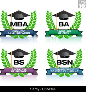 Gradi di istruzione con corona e graduazione hat, compresi MBA, Ba, BS, BSN Illustrazione Vettoriale