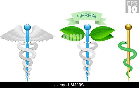 Caduceo a base di erbe, asta di Esculapio, icone mediche, snake, asta e ali Illustrazione Vettoriale