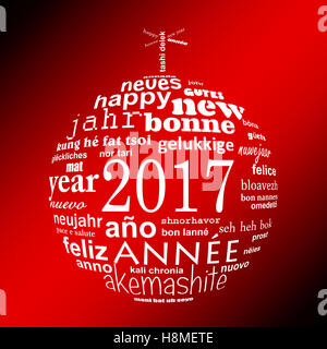 2017 Anno nuovo testo multilingue word cloud biglietto di auguri a forma di palla di Natale Foto Stock