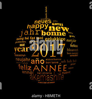2017 Anno nuovo testo multilingue word cloud biglietto di auguri a forma di palla di Natale Foto Stock