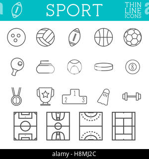 Sport delineano le icone, trendy linea sottile design, isolare su sfondo bianco. Calcio, pallavolo, basket, hockey e altri giochi. Utilizzare su web e mobile application, infographics. line art Foto Stock