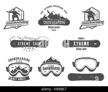 Set di snowboard extreme logo e modelli di etichetta. Inverno Sport snowboard store badge. Emblema e icona. Avventura in montagna e insegne, patch. vintage stile monocromatico. Design retrò Foto Stock