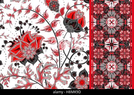 Seamless sfondi floreali e di confine. Set di modelli di vettore con fiori di fantasia. Illustrazione Vettoriale