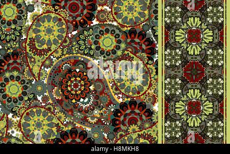 Set di pattern senza soluzione di continuità sulla base di tradizionali elementi asiatici Paisley e striato. Vettore sfondo colorato Illustrazione Vettoriale