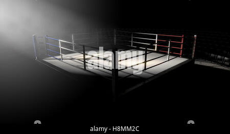 Un 3D rendering di un moderno pugilato ring con un blu e rosso spotlit area drammaticamente su un angolo isolato su un sfondo scuro Foto Stock