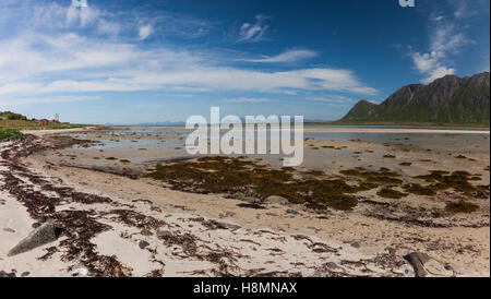 Grunnfor Fjord e Causeway, Isole Lofoten in Norvegia Foto Stock