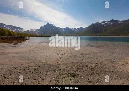 Grunnfor Fjord e Causeway, Isole Lofoten in Norvegia Foto Stock