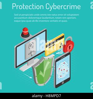 Cyber Crime protezione concetto isometrica Illustrazione Vettoriale