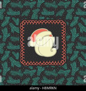 Natale e Anno Nuovo vintage ornato cornice con Babbo Natale simbolo di testa. Doodle illustrazione della scheda Messaggi di saluto. Abete del ramo bac Illustrazione Vettoriale