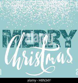Buon Natale grunge design lettering su sfondo blu con il bianco della neve. Holiday scritte scheda. Illustrazione Vettoriale