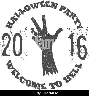 Festa di Halloween il modello di etichetta con mano zombie e elementi di tipografia. Testo Vettoriale - benvenuti a hell 2016. Retrò grunge patch per scary holiday celebrazione. Stampa su t shirt, montare un raccordo a t e altre identità. Illustrazione Vettoriale