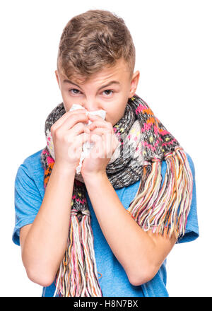 Ill teen boy con flu Foto Stock