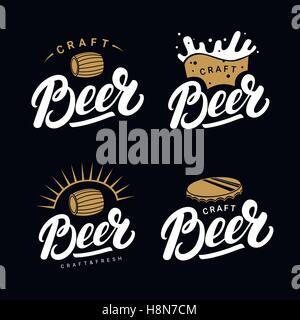Set di birra scritto a mano scritte logo, etichette, scudetti per la birreria Brewing Company, pub, bar. Illustrazione Vettoriale