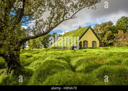 Turf chiesa nel piccolo villaggio islandese di Hof, Skaftafell Islanda Foto Stock