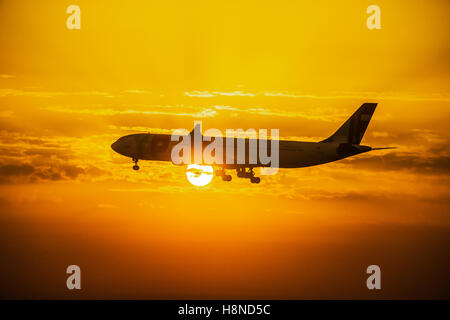 TAP Portugal Airbus 340-312 atterraggio all'aeroporto di Lisbona, Portogallo, all'alba Foto Stock