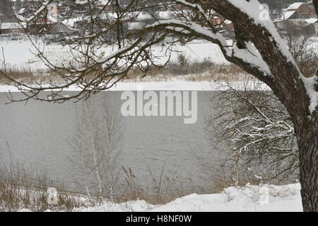 Neve, inizio inverno, villaggio, Europa orientale, Ucraina, regione di Sumy Foto Stock