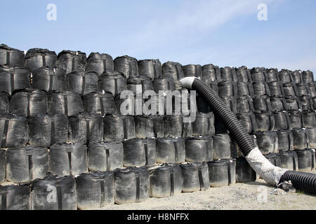 Pila di sacchi di sabbia big bag, sito in costruzione contro un cielo blu Foto Stock