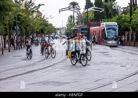 I ciclisti e Tram su Calle San Fernando, Siviglia, Spagna. Foto Stock