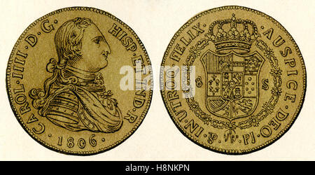 Un 1806 oro spagnolo 8-doubloon moneta o pezzo di otto, che mostra la testa del re di Spagna Carlo IV, 1748 - 1819. Foto Stock