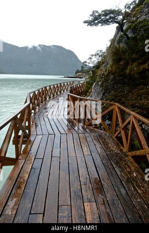 Legno tradizionale passerelle in Caleta Tortel villaggio costiero. Aysen regione. Cile Foto Stock