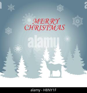 Illustrazione vettoriale di biglietto di auguri di Natale con i cervi e alberi Illustrazione Vettoriale