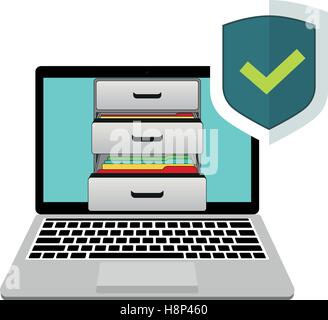 Computer portatile con scatole di documenti e di protezione attiva Illustrazione Vettoriale