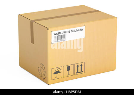Consegna la scatola di cartone, rendering 3D isolati su sfondo bianco Foto Stock