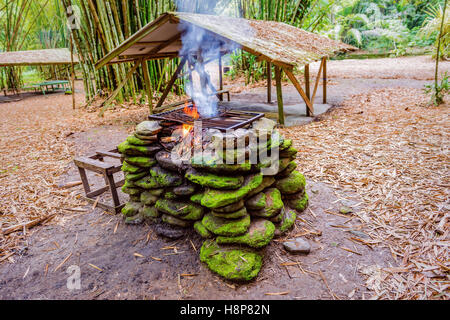 Una buca per il fuoco posto con pietre nella giungla per barbecue esterno camping Foto Stock