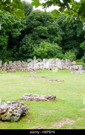 Lligwy Din - Din Llugwy, il monumento antico rifugio fortificato gruppo insediamento in prossimità di Moelfre, Angelsey, il Galles del Nord Foto Stock