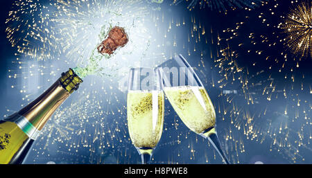 Immagine composita di champagne popping Foto Stock