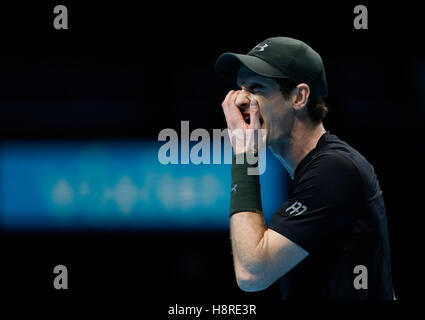 Londra, Gran Bretagna. Xvi Nov, 2016. Andy Murray della Gran Bretagna reagisce nel gruppo corrispondono con Kei Nishikori del Giappone all'2016 ATP World Tour Final di O2 in London, Gran Bretagna, su nov. 16, 2016. Andy Murray ha vinto 2-1. Questa partita è stata la più lunga best-of-tre insiemi corrispondono (3 ore e 20 minuti) in ATP World Tour Finals dal 1991 quando i tempi sono stati per la prima volta registrata. © Han Yan/Xinhua/Alamy Live News Foto Stock