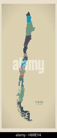 Mappa moderno - Cile con le regioni colorate CL Illustrazione Vettoriale