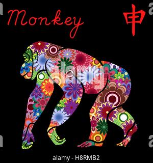 Il cinese segno zodiacale scimmia, elemento fisso metallo, simbolo del nuovo anno sul calendario Orientale, disegnato a mano stencil vettore con colo Illustrazione Vettoriale