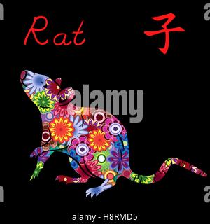 Il cinese segno zodiacale di ratto, elemento fisso acqua, simbolo del nuovo anno sul calendario Orientale, disegnato a mano stencil vettore con colorfu Illustrazione Vettoriale