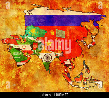 Vecchia mappa politica dell'Asia con le bandiere Foto Stock