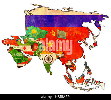 Vecchia mappa politica dell'Asia con le bandiere Foto Stock