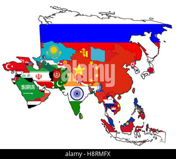 Vecchia mappa politica dell'Asia con le bandiere Foto Stock