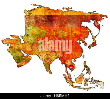 Vecchia mappa politica del continente asiatico con bandiera della Cambogia Foto Stock