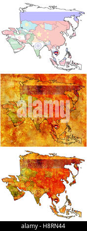 Vecchia mappa politica del continente asiatico con bandiera della Cambogia Foto Stock