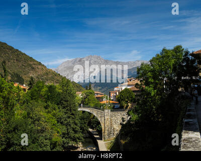 Vecchio ponte di pietra a Potes, Cantabria, Spagna, Europa Foto Stock
