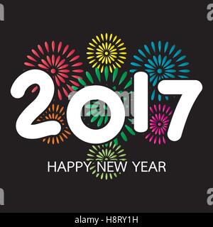 2017 Felice Anno Nuovo biglietto di auguri con fuochi d'artificio celebrazione colorati su sfondo nero, vettoriale EPS 10 Illustrazione Vettoriale